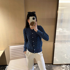 R*L2025秋季新款小马标麻花圆领羊毛针织开衫女修身显瘦长袖上衣