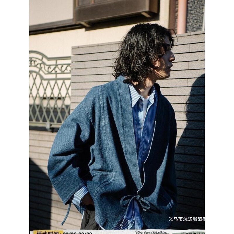 2025/Late Night Diner Japanese Retro Kimono-Style Denim Jacket Unisex Loose Versatile Couple's Jacket Same Style
