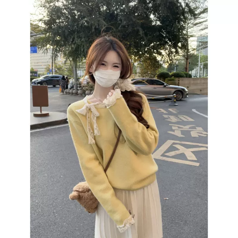 时尚气质秋冬韩版圆领甜美蕾丝边软糯百搭针织衫内搭长袖毛衣