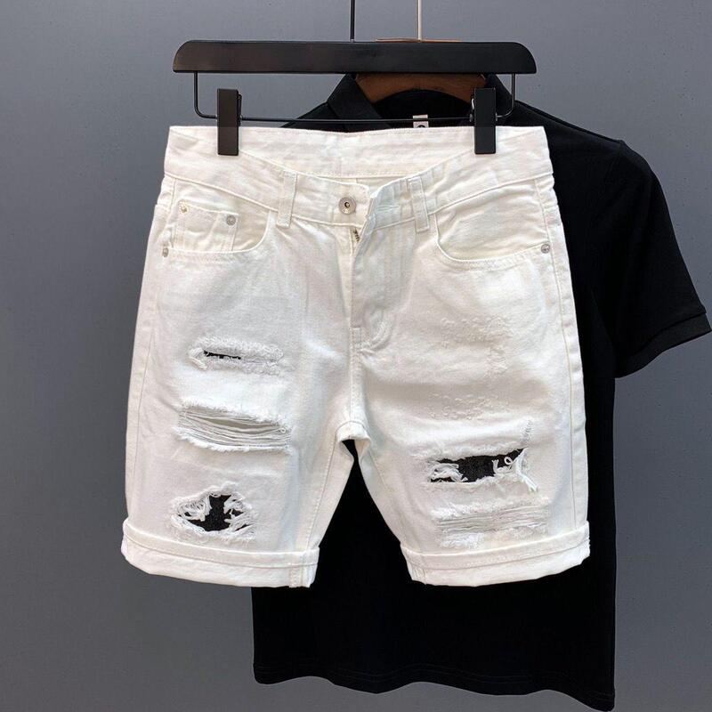 Men's white denim shorts with ripped detailing, trendy summer new style, casual, non-stretch, five-point length