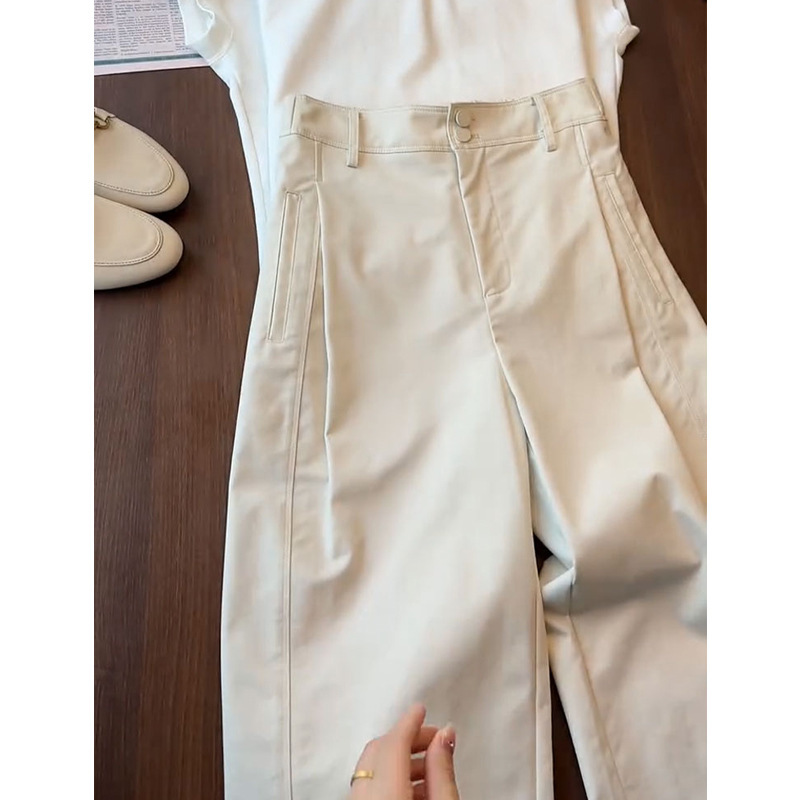 Strong goods praise bao! creamy-white high JI texture cropped casual pants comfortable breathable high waist slimming balloon pants