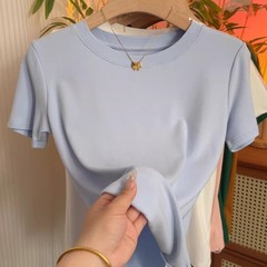 软糯纯色圆领短袖t恤女夏季简约新款百搭显瘦上衣弹力气质打底衫