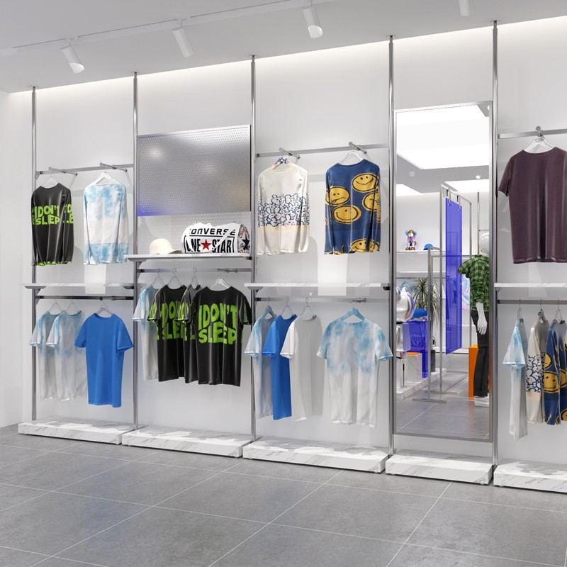 Acero inoxidable Tianzhu tienda de ropa estante de exhibición estante de exhibición tipo piso simple elevación de pared superior armario de prendas de hombre