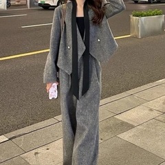 时尚感V领飘带毛呢西装外套女秋休闲直筒裤秋冬新款两件套装