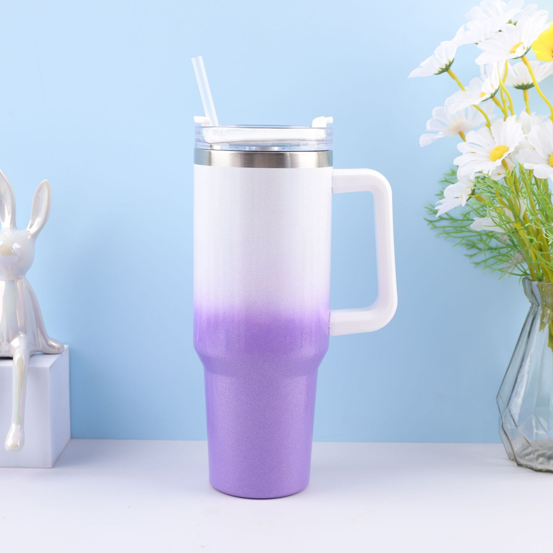 Cross-border 304 pintura del arco iris de acero inoxidable 40Oz Taza del coche paja gradiente hielo escudo Copa montado en el coche de gran capacidad termo taza