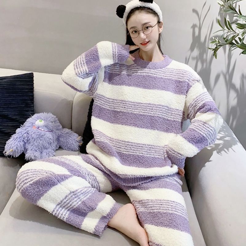 套头睡衣女秋冬季半边绒加厚款新款可爱学生法兰绒家居服套装外穿|undefined