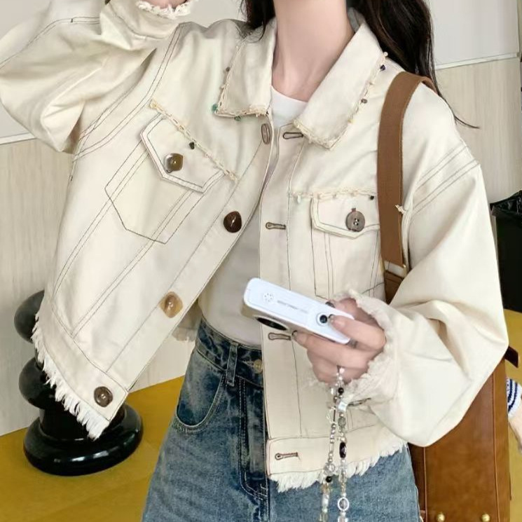 Beige Korean-Style Embroidered Fringe Denim Jacket for Women, 2025 Autumn New Trendy Small-Sized Lapel Jacket Beige Korean-Style Embroidered Fringe Denim Jacket for Women, 2025 Autumn New Trendy Small-Sized Lapel Jacket