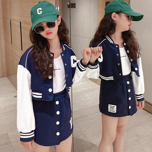 Girls' sportswear set 2024 spring new casual American college style baseball jacket short skirt two-piece set