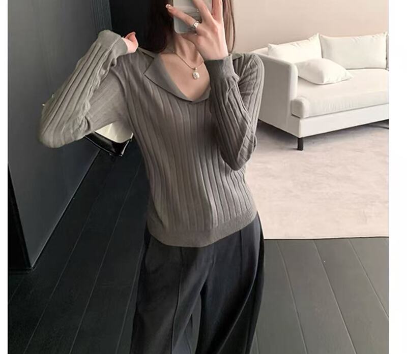 复古翻领长袖针织衫女秋季薄款修身显瘦Polo衫别致气质套头上衣潮|undefined