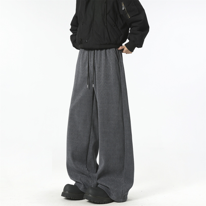 Heavyweight herringbone pattern fleece-lined casual pants for men, autumn versatile thickened warm loose straight wide-leg sports trousers Heavyweight herringbone pattern fleece-lined casual pants for men, autumn versatile thickened warm loose straight wide-leg sports trousers