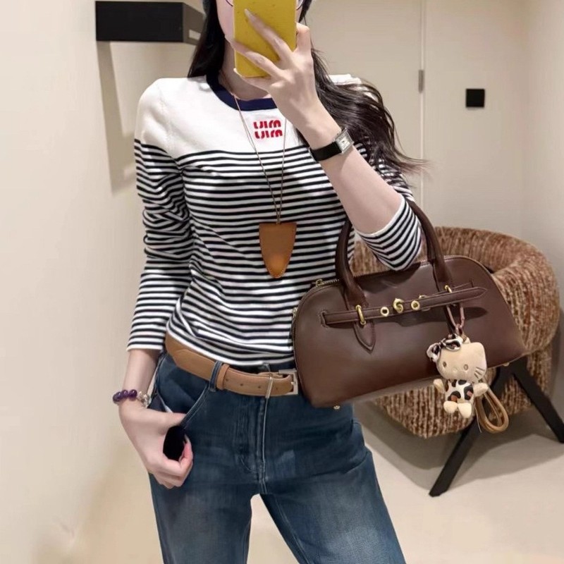 miu系字母刺绣条纹圆领针织衫女春秋新款时尚休闲撞色百搭毛衣女|undefined
