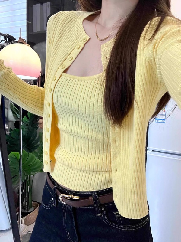 韩系温柔风针织吊带背心开衫两件套装女纯欲甜辣妹修身2025早秋季|undefined