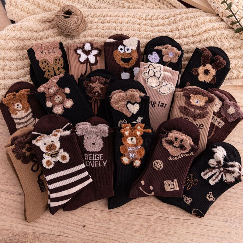 Popular online popular feather yarn Bear socks women's mid-calf plush socks outer wear cute ins trendy all-match stockings wholesale Popular online popular feather yarn Bear socks women's mid-calf plush socks outer wear cute ins trendy all-match stockings wholesale