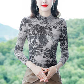 一件批发2026秋冬新款印花长袖半高领打底衫气质修身女上衣小衫