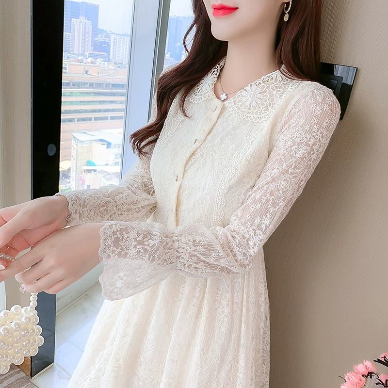 Женское кружевное белое платье с кукольным воротником и длинными рукавами, новинка весны и осени 2022, маленькая длинная юбка, осенне-зимняя юбка