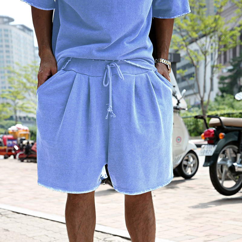427g Weight Short Sleeve Sleeve Length Cotton Blend Fabric Type Shorts Sets Sets Type 2 Pieces Set Quantity Sports Occasion Round Neck Neckline Regular Fit Fit Type Solid Color Pattern Summer, Spring Season Men's Gender Casual Style Men's Solid Color Shorts Sets Men's Clothing 11