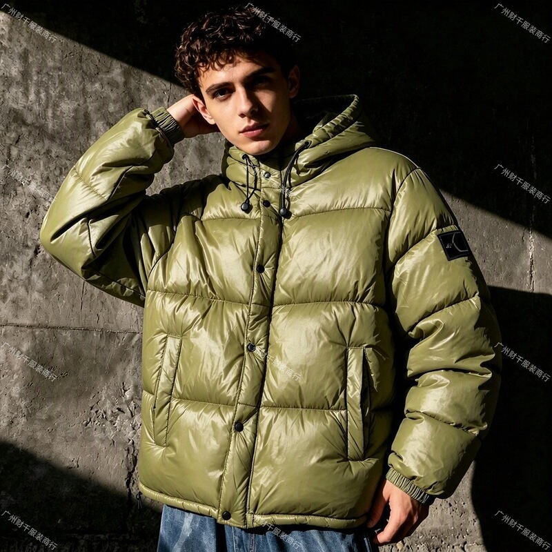 New foreign trade model ST hooded cotton jacket for men with snap button closure, compass badge, four-color glossy finish, drawstring, trendy brand puffer jacket New foreign trade model ST hooded cotton jacket for men with snap button closure, compass badge, four-color glossy finish, drawstring, trendy brand puffer jacket