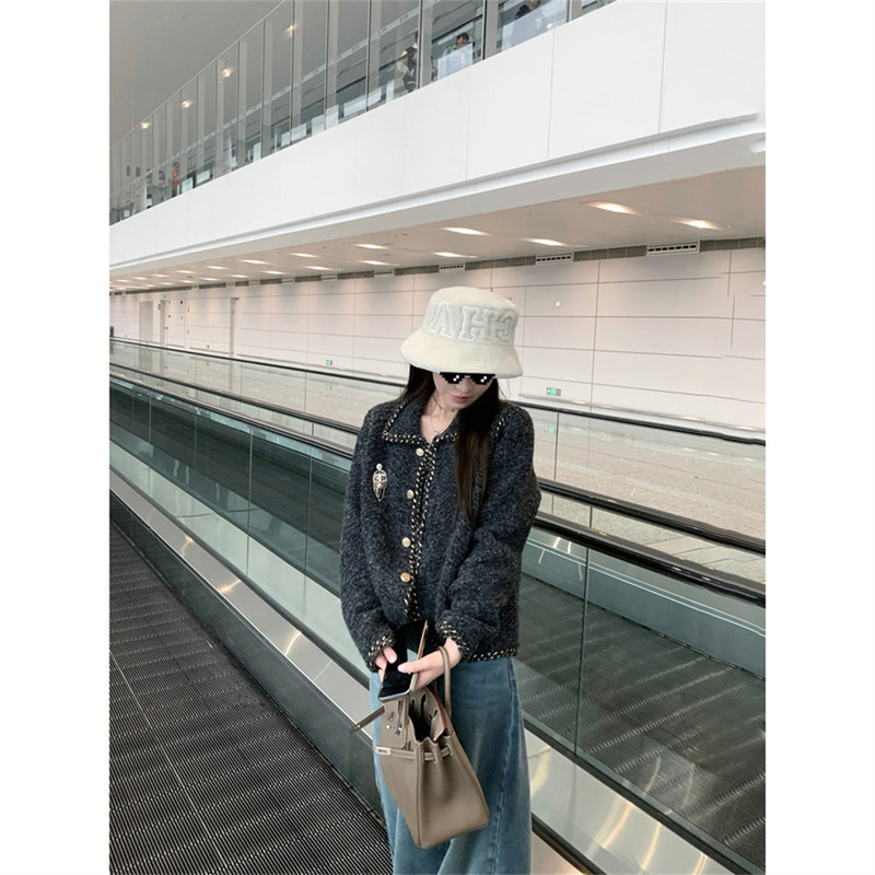 YUYUREAL Grey Gold Series Chanel Style Sweater Cardigan Coat Women's Thick Knitted Old Money Style Knitted Top