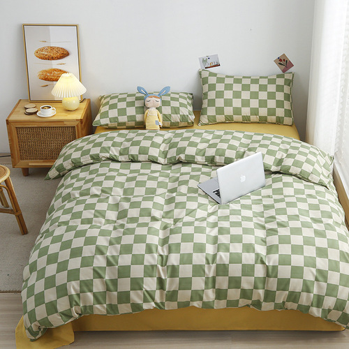 Solid color 100% washed cotton four-piece set soft naked sleeping sheets quilt cover pillow student dormitory bedding three-piece set