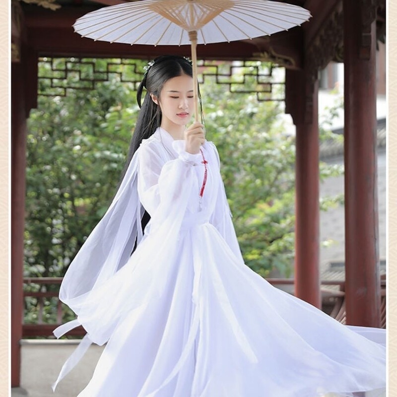 White Ancient-Style Hanfu Dress for Women, Elegant and Ethereal, Chinese Style Improved Version, Traditional Cross-Collar Design White Ancient-Style Hanfu Dress for Women, Elegant and Ethereal, Chinese Style Improved Version, Traditional Cross-Collar Design
