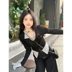 小众简约撞色拼接POLO领假两件打底衫初秋修身显瘦内搭百搭打底衫