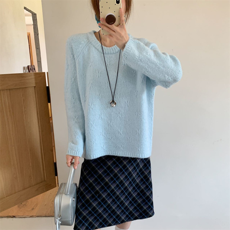 韩版秋冬新款设计感圆领勾花套头毛衣女外穿温柔慵懒风针织衫上衣|undefined
