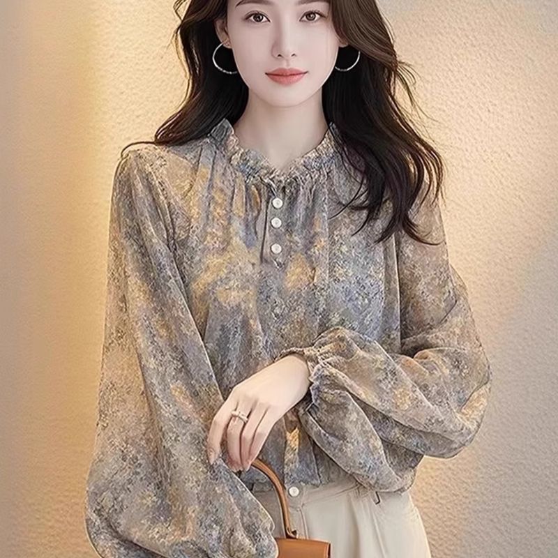 우아한 쉬폰 블라우스, 프렌치 스타일 꽃무늬 랜턴 슬리브 셔츠, 여성용 봄 여름용 자외선 차단 긴팔 얇은 상의, 자외선 차단
