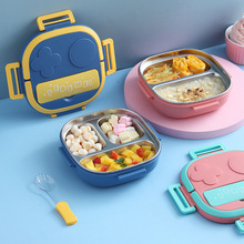 304不锈钢儿童餐盘注水保温饭盒宝宝便当盒带勺子便携分格午餐盒