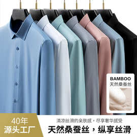 衬衣长袖男士衬衫商务休闲男式春夏含桑蚕丝免烫透气冰爽寸衫优雅