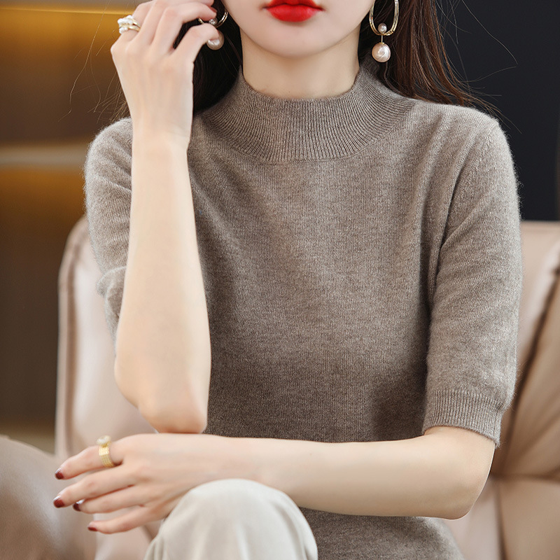 鄂尔多市春秋半高领五分袖羊毛针织衫女毛衣中袖薄打底衫|undefined