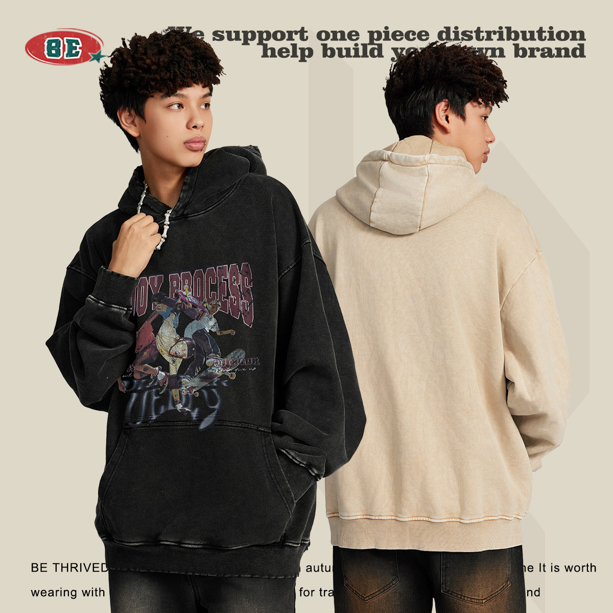 BE ropa de hombre | 2025 otoño e invierno para jóvenes suéter con capucha de monopatín de algodón suelto suéter lavado de marca de moda americana para hombres