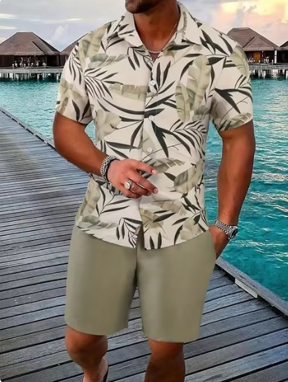 2024 europeo y americano transfronterizo verano AliExpress camisa de hombre casual suelto pantalones cortos de manga corta traje de playa impresión 3D