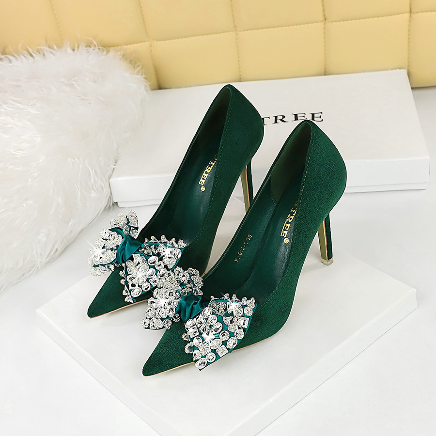 516-H9 Korea Style Fashio Party High Heels Stiletto Suede Shallow Poited Toe Rhiestoe Bowkot Sigle Shoes For_vogvips.com