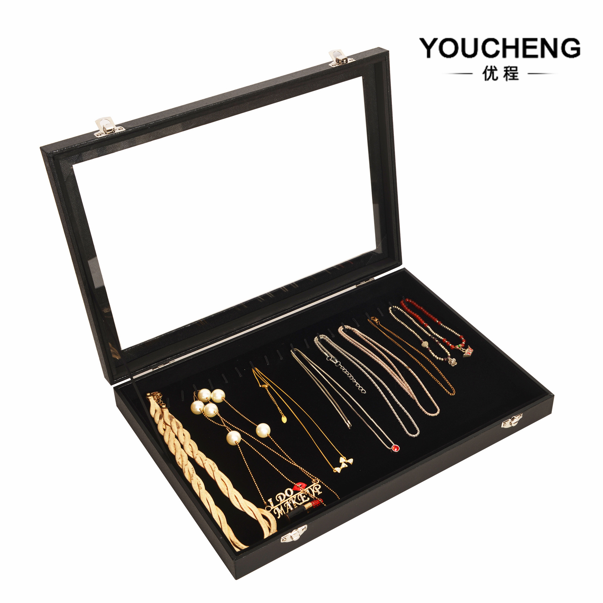 现货批发大号黑色充皮纸首饰盒开窗20位项链展示盒收纳防尘珠宝箱