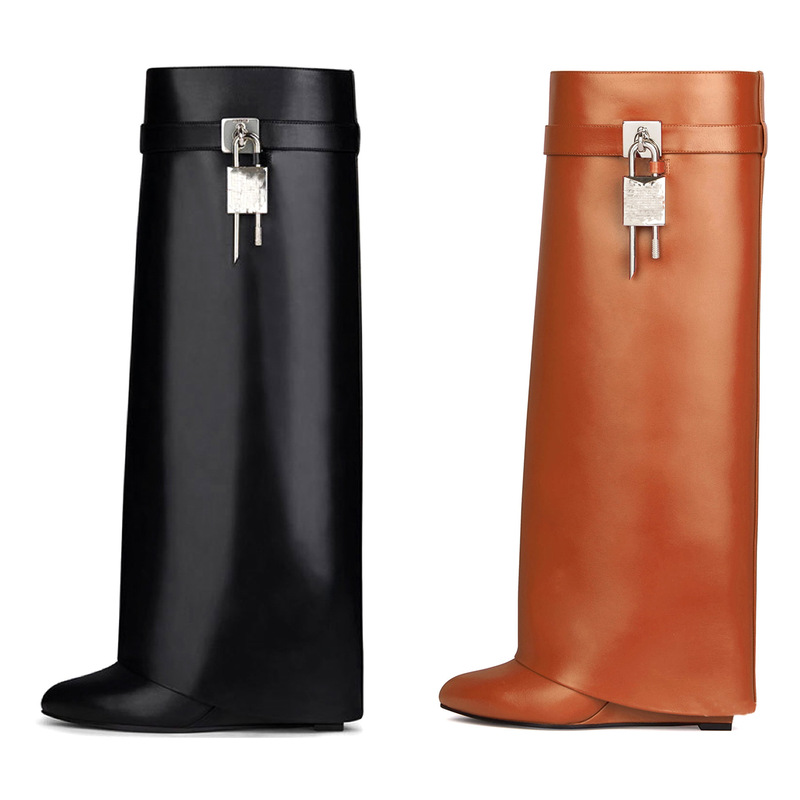 25 European and American Style Cross-Border Round-Toe Wide-Leg Straight-Leg Shark Buckle Long Wedge-Heeled Knee-High Boots