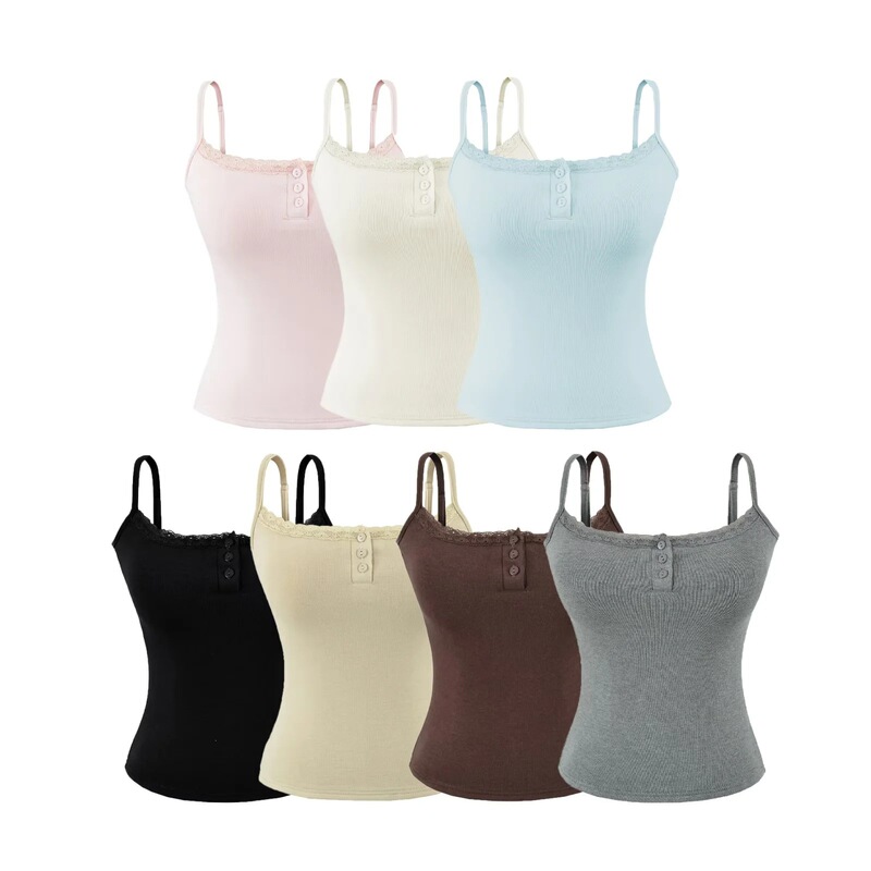 Pure Desire Lace Buttoned Camisole with Chest Pads for Women 2026 Summer New Slim Fit Base Layer Top