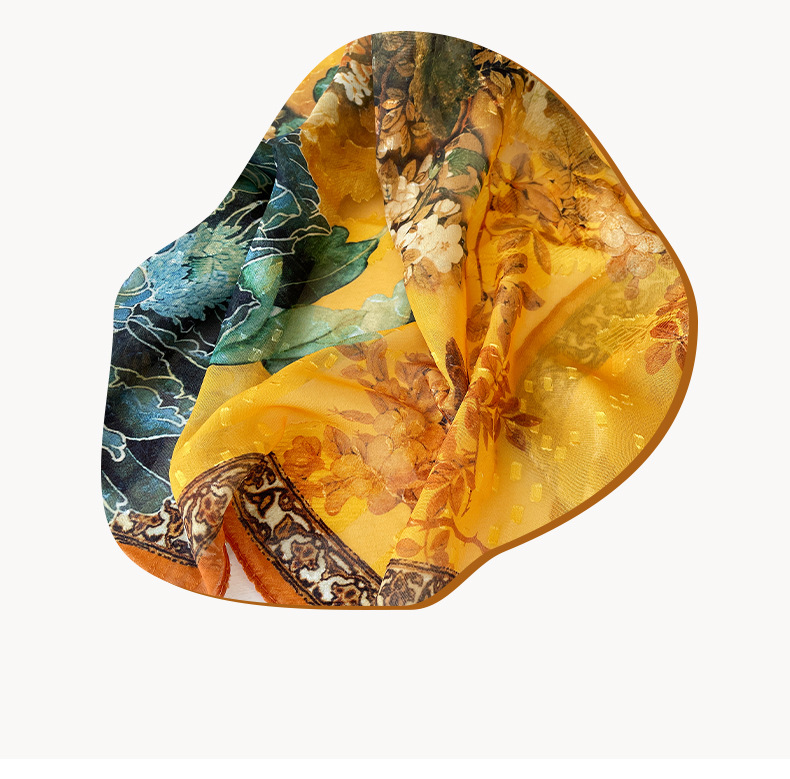 Neuer Sonnenschutz-Schal aus hohlem Seidenschal für Damen mit Pfingstrosen-Print in Gold_voghion.com
