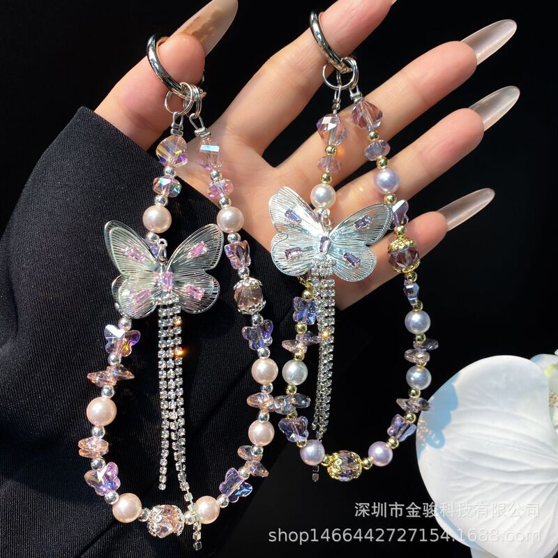 Suitable for Apple Mobile Phone Lanyard Alloy Butterfly Zircon Claw Chain Mobile Phone Chain Guohua Pearl Wrist Crystal Hanging Chain