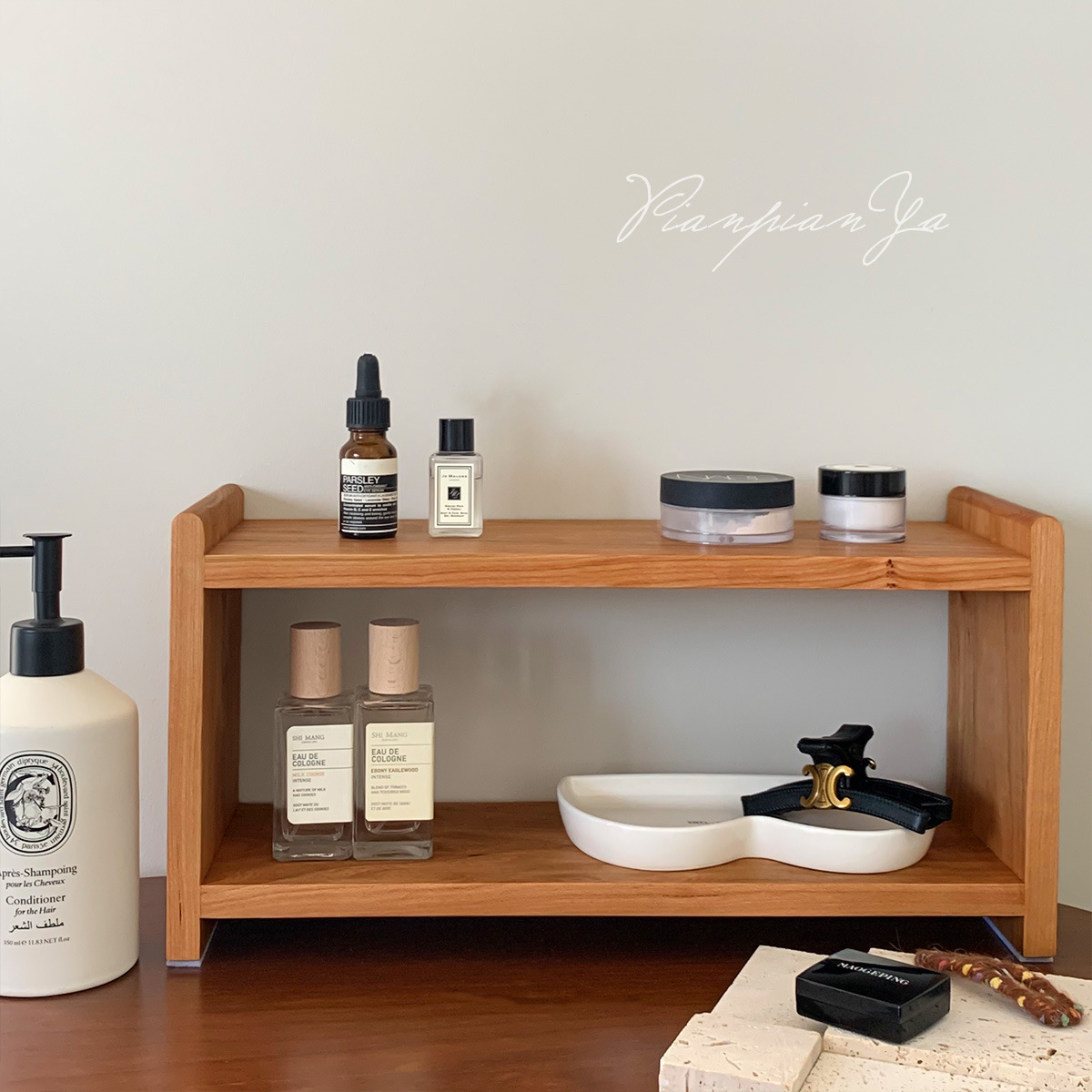 Estante de almacenamiento de madera maciza de doble capa de cereza de haya de escritorio juego de té Taza de almacenamiento en rack organizador de escritorio de oficina rack