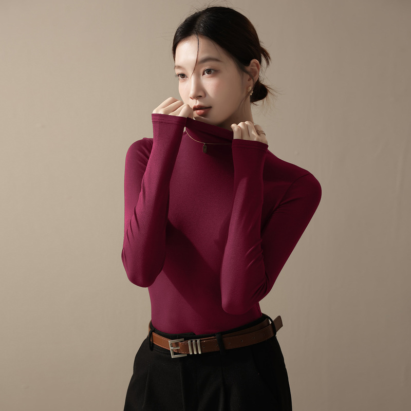 半高领打底衫女2025新款春秋季内搭咖色长袖t恤早秋修身针织上衣|undefined