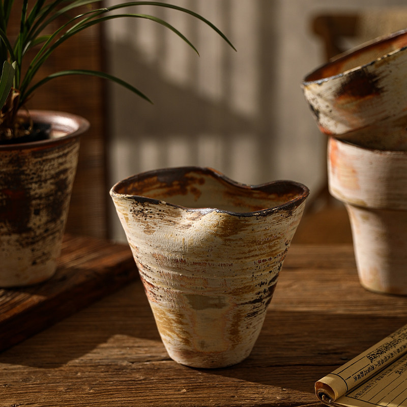 Jingdezhen Ceramic Flower Pot Wabi-Sabi Style Retro Rustic Pottery Wood-Fired Balcony Clay Small Pot for Green Plants Bonsai Flower Vessel