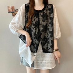 お腹カバー怠惰なスタイルのレースステッチシフォンシャツ女性の夏の少し太ったmm大きいサイズルーズフェイクツーピース半袖シャツ