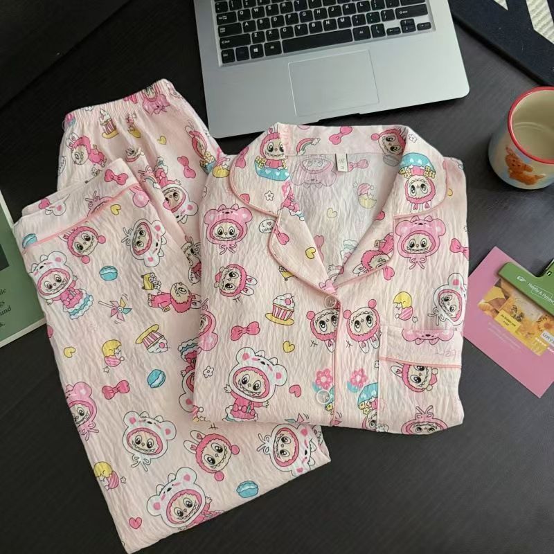 满印粉色拉布布睡衣女春秋季长袖长裤ins套装美少女可外出家居服|undefined