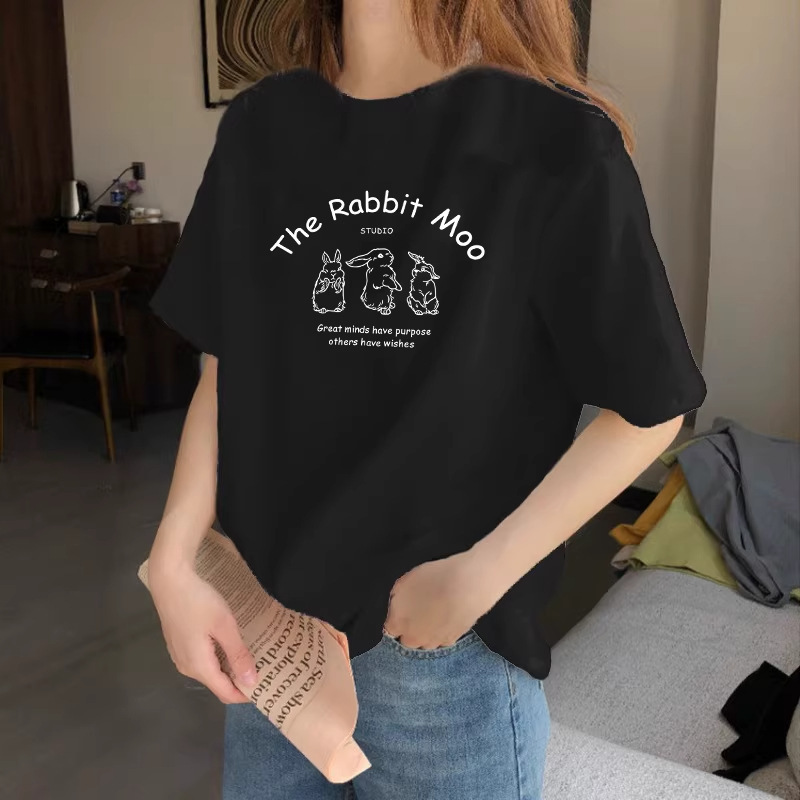 Pure Cotton Short-Sleeved White T-Shirt for Women, Summer and Spring/Autumn Inner Layering Shirt, Cute Rabbit Loose Large Size T-Shirt Top