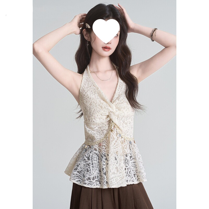 [Original Fabric] Summer Lace-Up Sleeveless Camisole for Women, Korean Style Halter Neck, Waist-Cinching, Outerwear