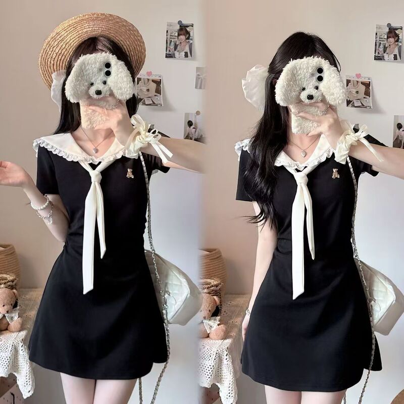 Spring/Summer 2026 College Style Navy Collar Black Short-Sleeve Dress for Women, Summer Waist-Cinching Slimming Elegant Short Dress