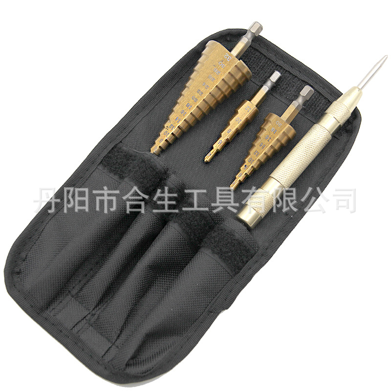 Transfronterizo de 4 piezas bolsa de tela Centro de perforación espiral ranura escalera hexagonal broca traje centrado perforación escariado