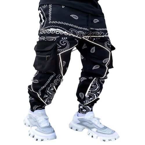 Bestselling work pants with fruit print, multiple pockets, loose street-style high-top harlequin pants for men