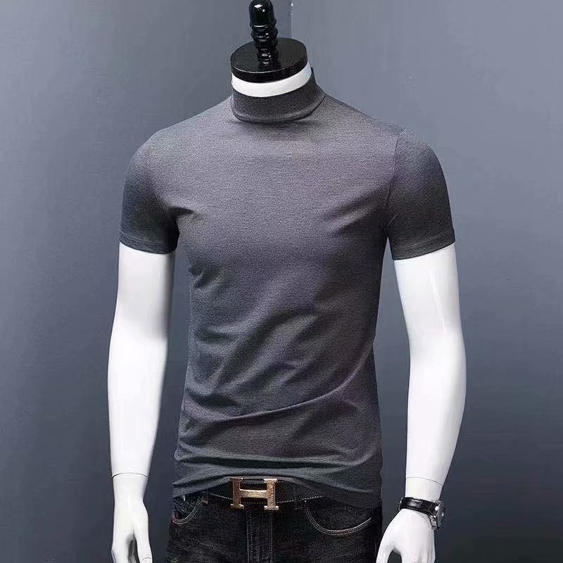 하프 하이 칼라 반팔 셔츠 머서라이즈면 얇은 여름 남성용 슬림 핏 이너 트렌디 한 미드 칼라베이스 셔츠