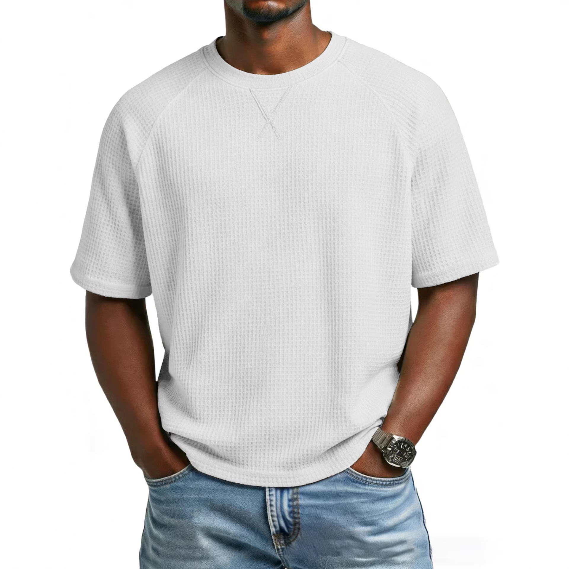 Europa y los Estados Unidos primavera y verano estación independiente transfronteriza hombre waffle de punto de manga de hombro cuello redondo TK manga corta camiseta de comercio exterior de hombre